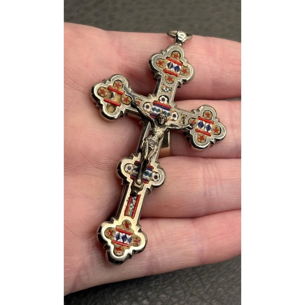 VTG Large Italian Micro Mosaic Crucifix Pendant Cross Religious READ Silver Tone